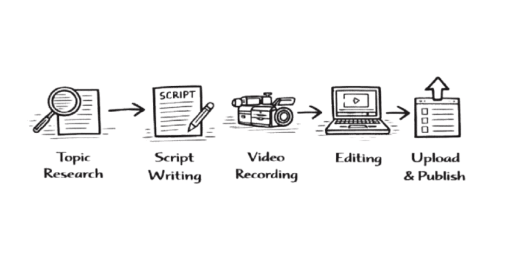 Napkin sketch explaining legal content creation workflow from research and scripting to video publishing