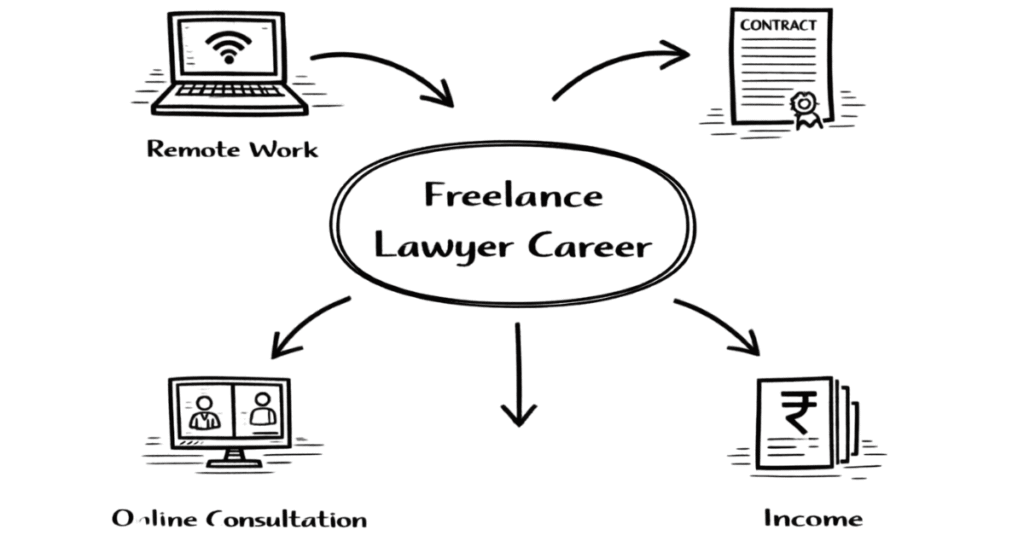 Napkin style illustration explaining freelance lawyer career with online consultations, remote work and independent legal practice