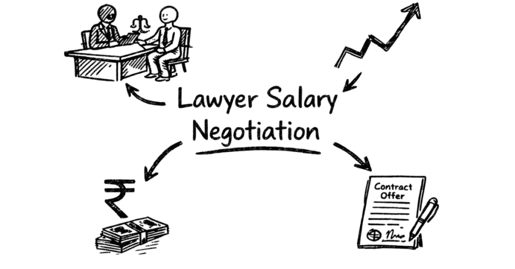 Napkin style illustration showing lawyers negotiating salary offers and career compensation