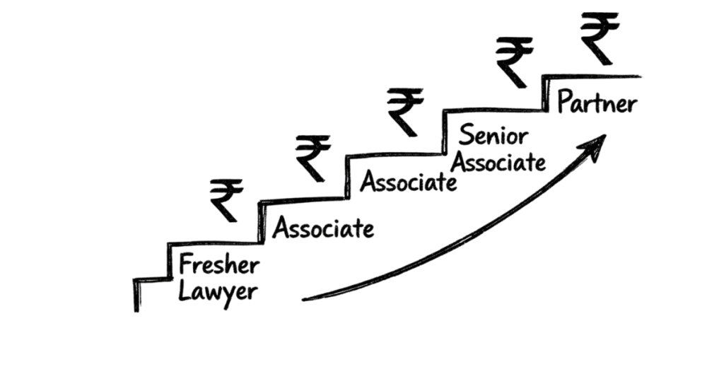 Napkin style career income growth chart for lawyers from fresher to partner level