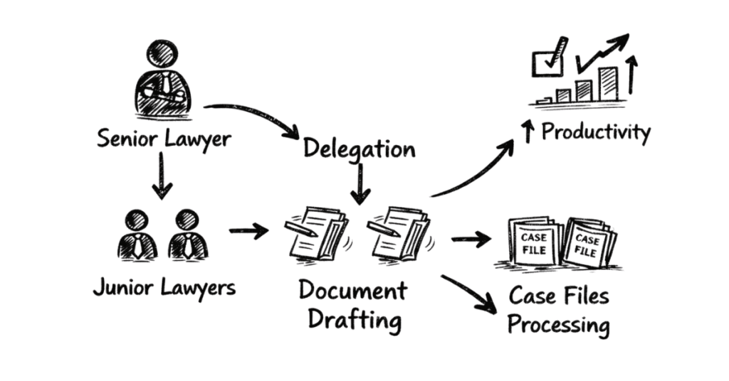 Napkin sketch explaining law firm scaling through junior lawyer delegation and team workflow