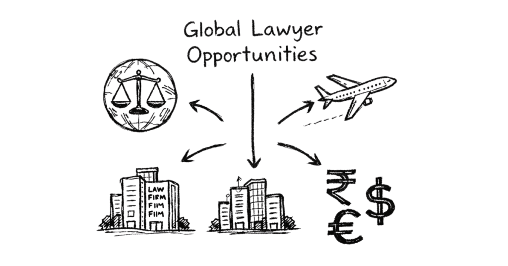 Napkin style illustration explaining global legal career opportunities for Indian lawyers