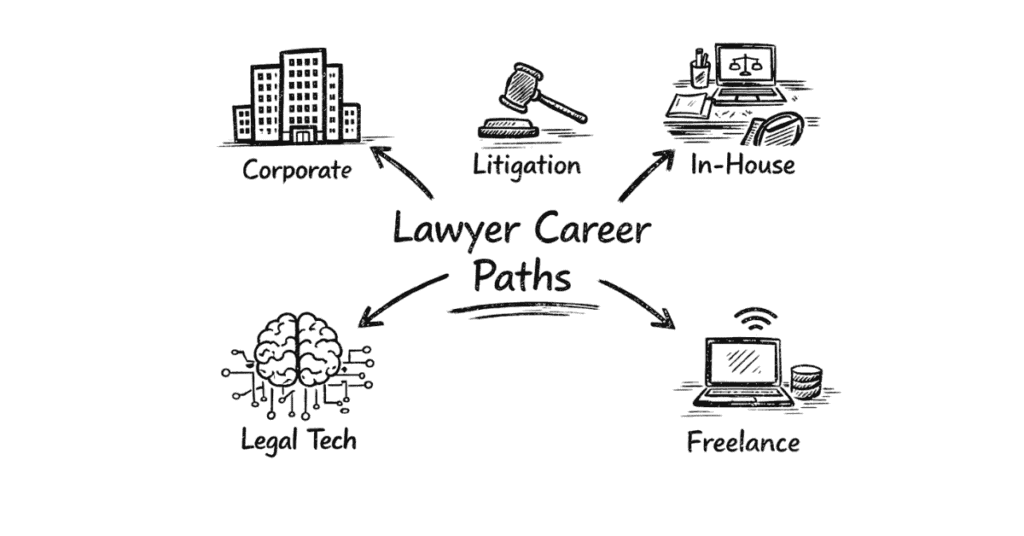 Napkin style illustration showing different lawyer career paths including corporate, litigation, in-house, legal tech and freelance practice
