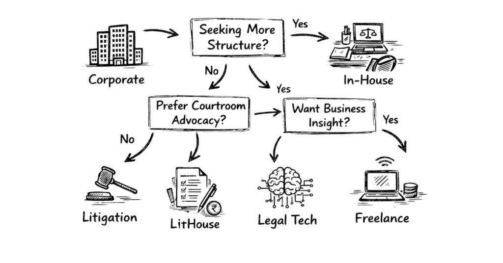 Napkin sketch showing a decision tree helping lawyers choose the right career path