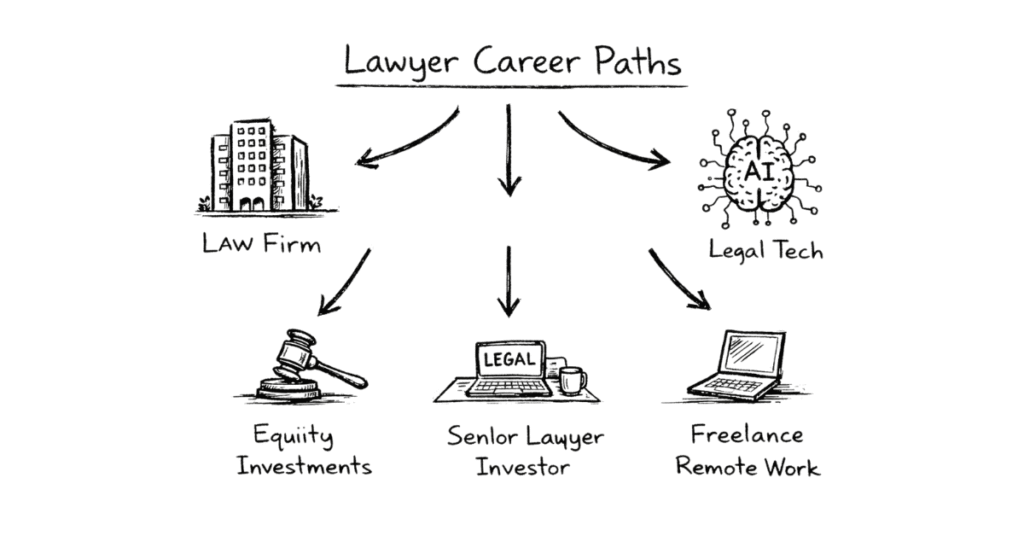 Napkin style illustration showing professionals like CA, engineer and MBA switching to legal careers