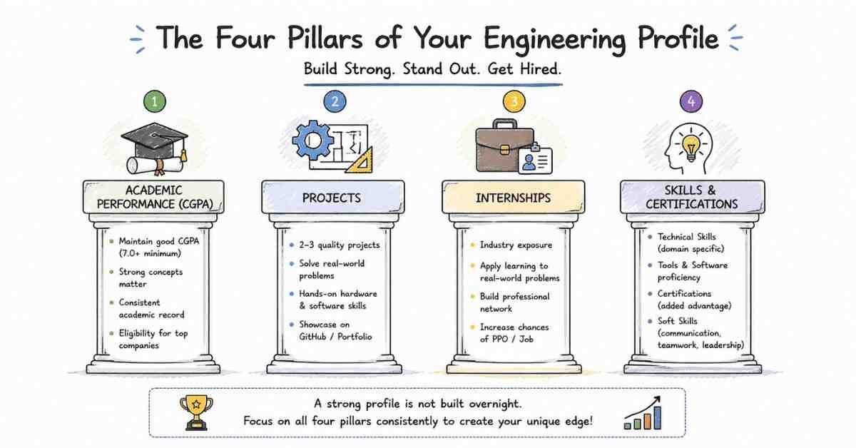 4 pillars: CGPA, Projects, Internships, Skills