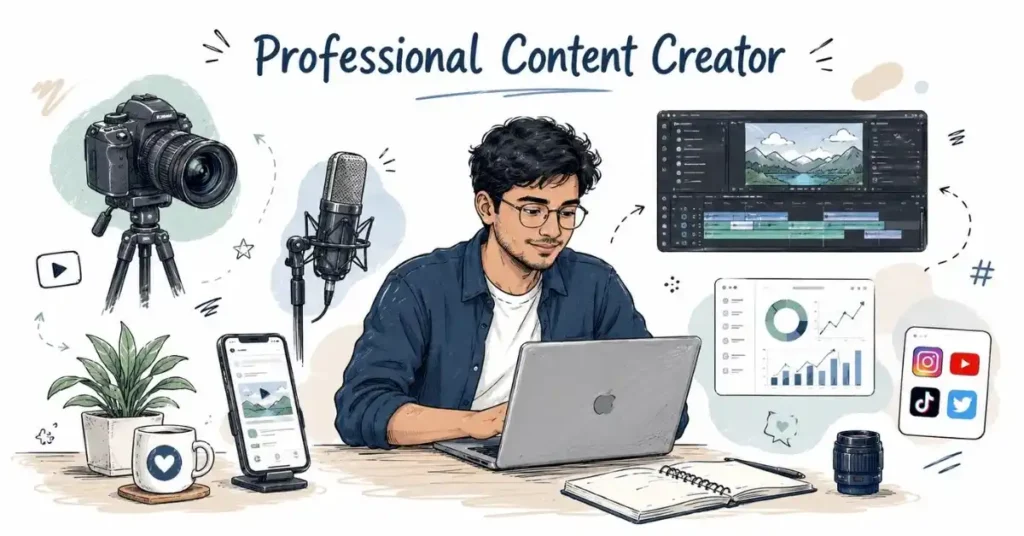 Professional content creator using laptop, camera, microphone, smartphone, editing tools, and social media analytics dashboard.