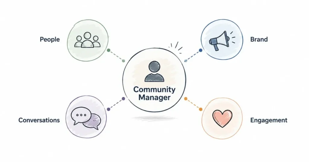 Community manager role connecting people, brand, conversations, and engagement through a visual workflow infographic.
