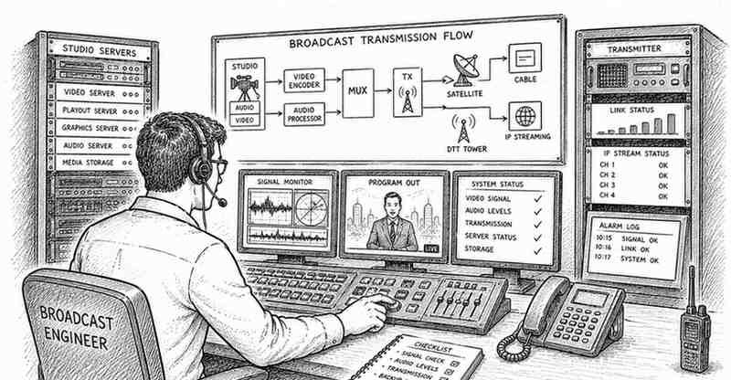 "Video editor creating television graphics and editing broadcast content"