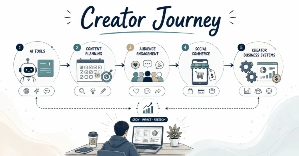 Future creator journey infographic showing AI tools, social commerce, content planning, and audience engagement.