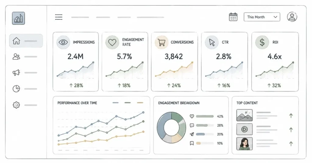 Analytics dashboard showing engagement rate, conversions, impressions, and ROI metrics.