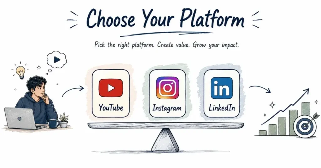 Social media platform comparison infographic featuring YouTube, Instagram, LinkedIn, content formats, and monetization options.