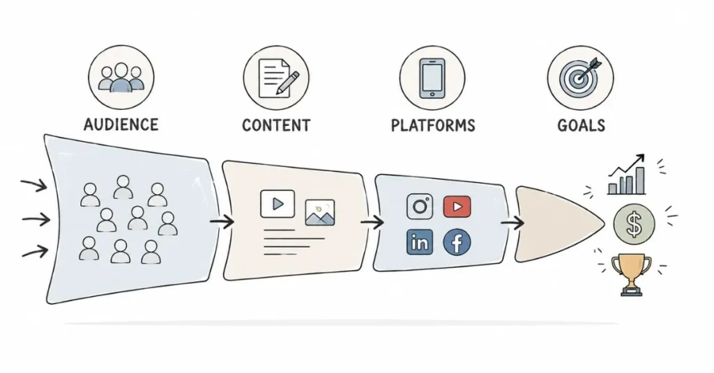 Social media strategy development process connecting audience research, content planning, platforms, and objectives.