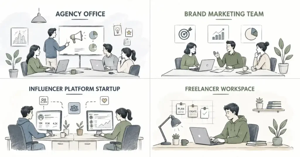 Agency, brand, startup, and freelance work environments for creator partnership professionals.
