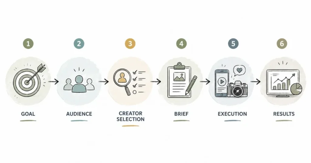 Campaign workflow showing goals, audience targeting, creator selection, execution, and results.