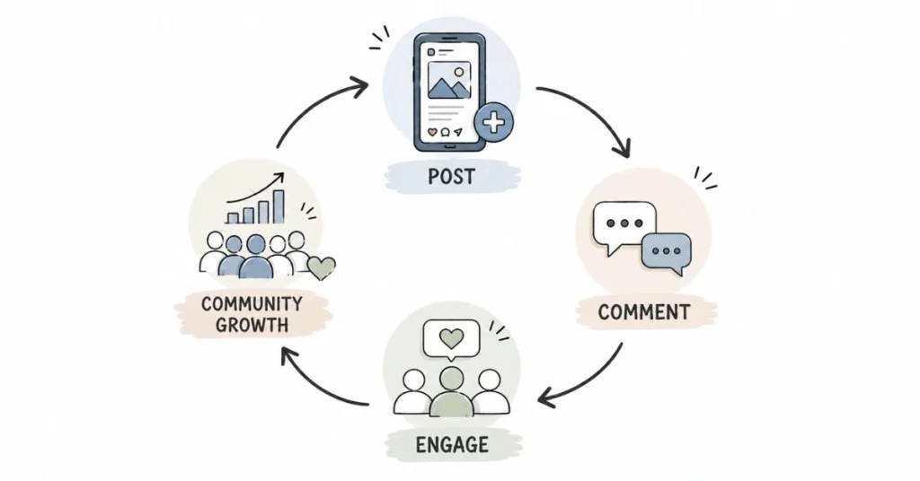 Social media engagement cycle showing posting, commenting, audience interaction, and community growth.