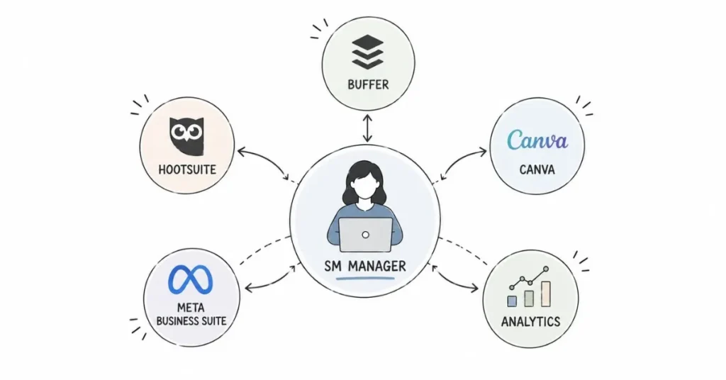 Social media management tools including Canva, Buffer, Hootsuite, Meta Business Suite, and analytics platforms.