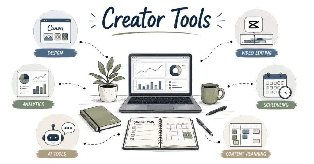 Creator tools infographic featuring Canva, CapCut, AI tools, scheduling software, analytics dashboards, and planning boards.