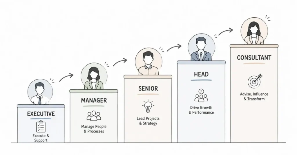 Social media manager career ladder from executive to manager, senior manager, department head, and consultant.