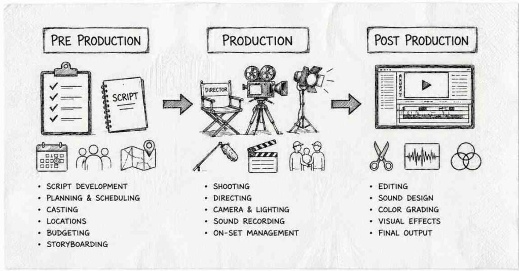 Pre-production → production → post-production workflow
