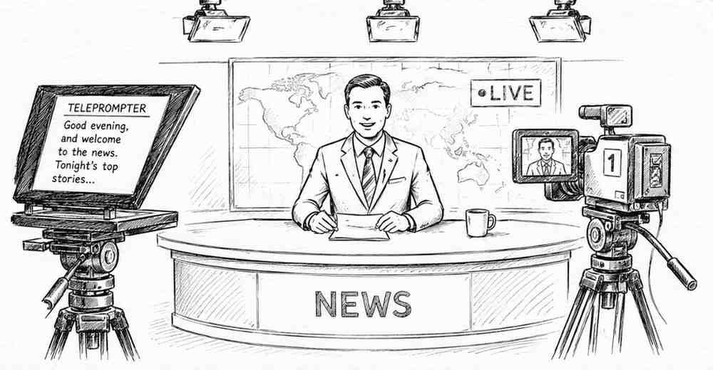 "Television reporter covering live news event with camera crew"