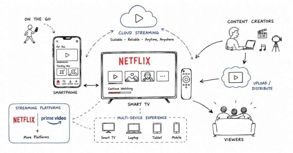 "OTT streaming platform ecosystem with smart TV mobile apps and digital entertainment services"