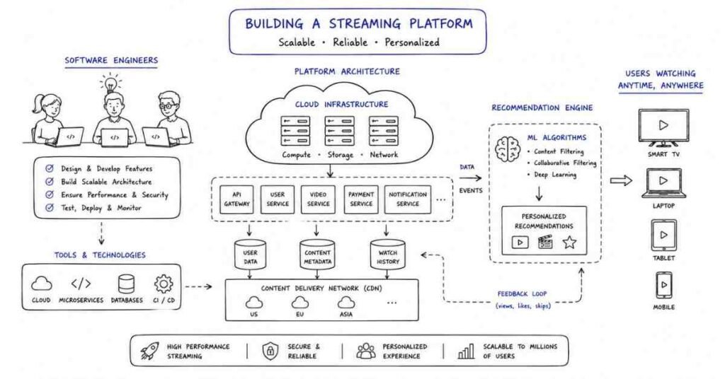 "Software engineers developing OTT streaming platform technology and user experience"