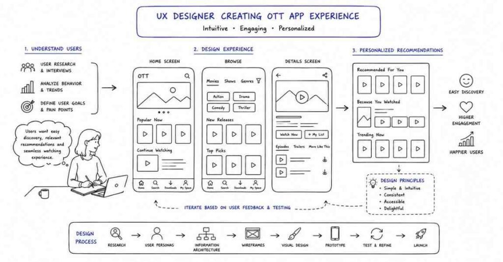"UX designer creating streaming platform interface and content discovery experience"