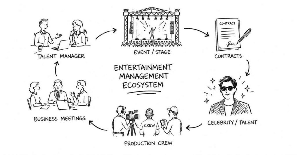 "Entertainment management ecosystem with talent managers event production and business operations"