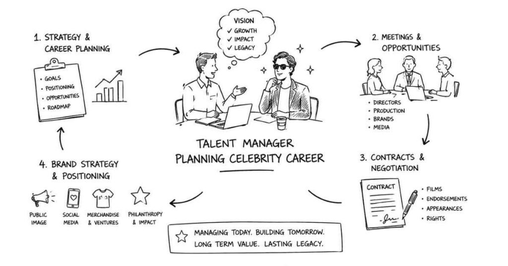 "Talent manager guiding artist career planning contracts and entertainment opportunities"