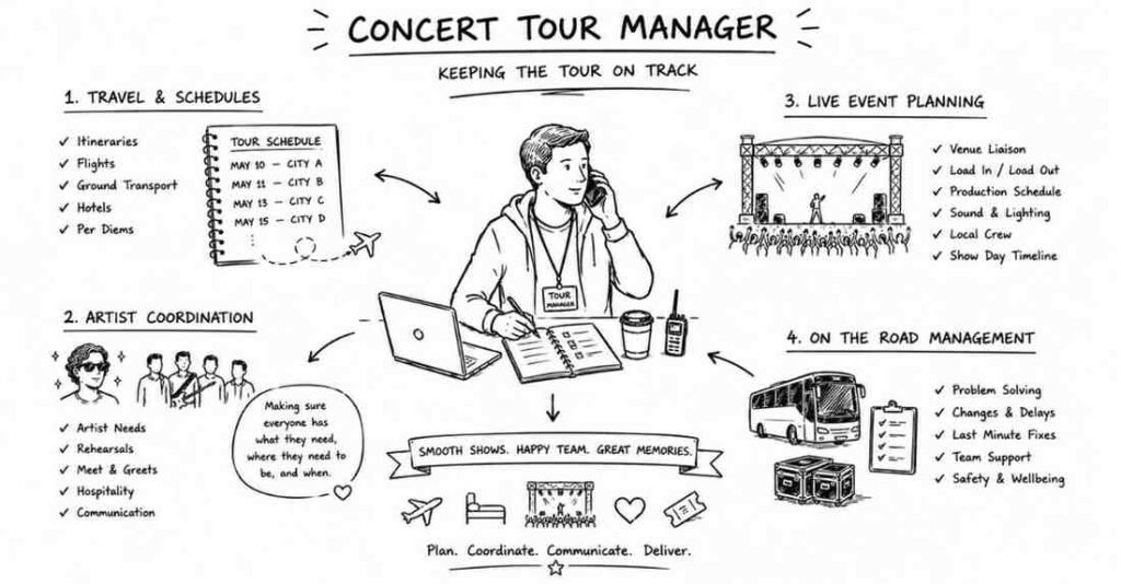 "Concert and tour manager organizing artist schedules and live entertainment events"
