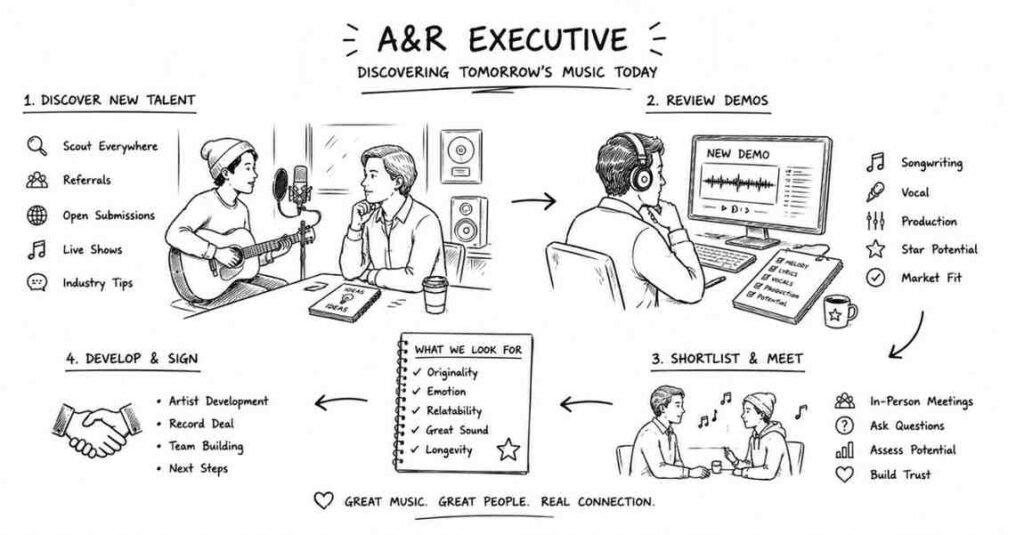 "Music business executive and A&R manager discovering new artist talent"