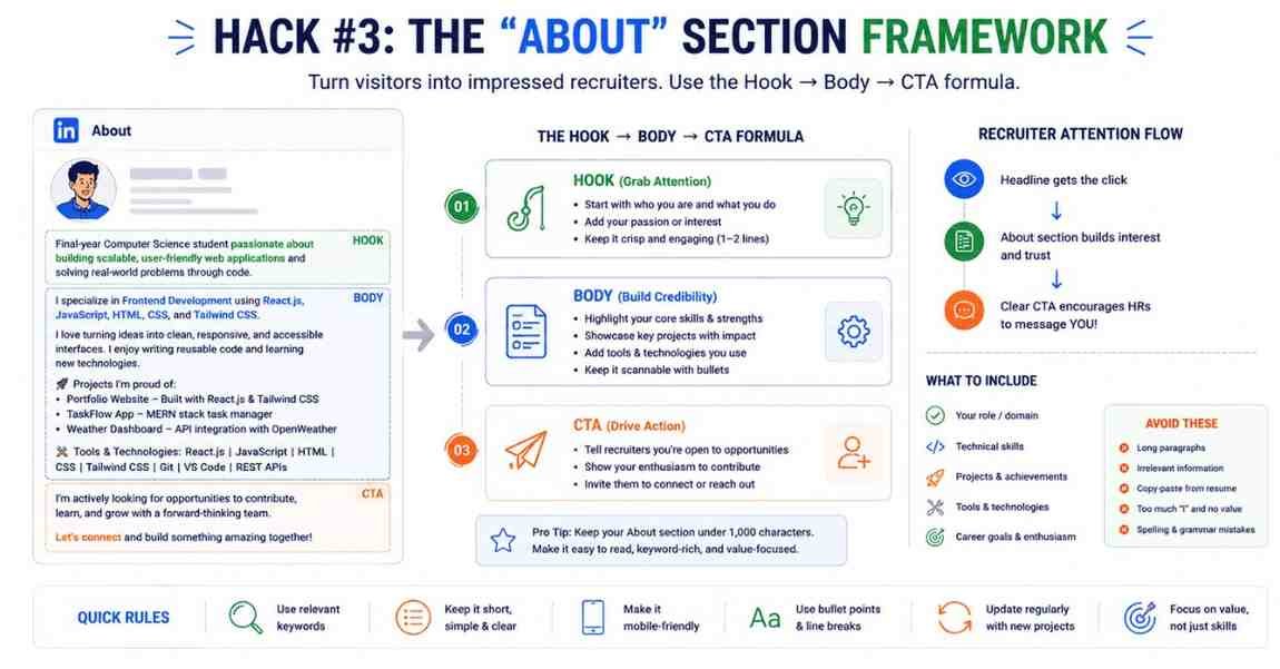 Hook-Body-CTA LinkedIn About section breakdown
