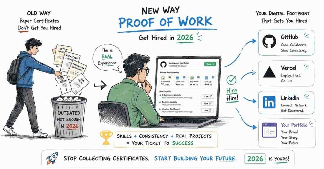 Comparison between old paper certificates vs modern digital portfolio links