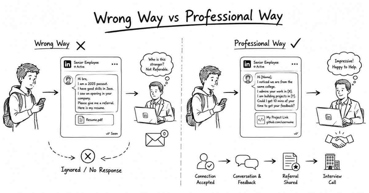Fresher sending “Hi Bro Referral Please” vs Professional Networking Approach