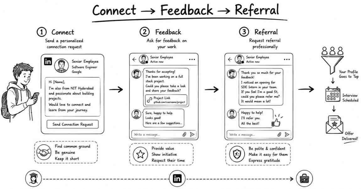 3-step LinkedIn referral process flowchart