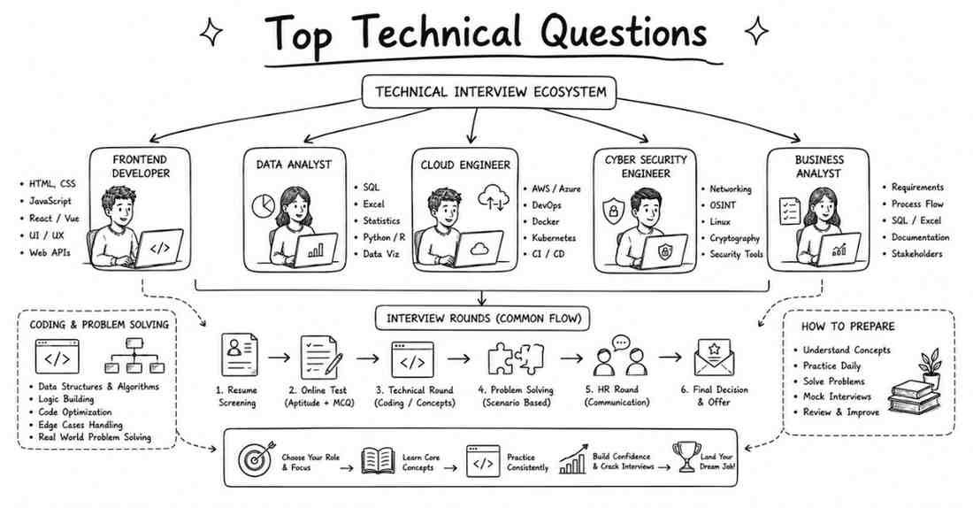 Different technical domains and interview categories connected in one workflow