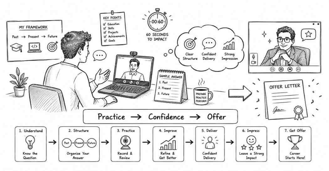 Candidate practicing interview in front of webcam with timer and structured notes