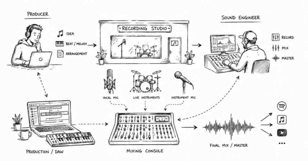 "Music and audio production ecosystem with recording studio sound engineer and music producer"
