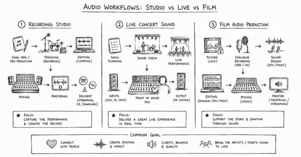 "Different audio production careers including studio recording live sound and film audio"