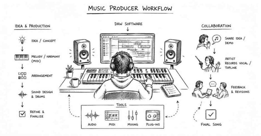 "Music producer creating songs using audio software studio equipment and artist collaboration"