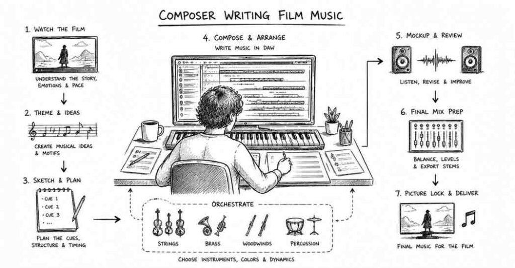 "Music composer creating original film scores and audio compositions for media projects"