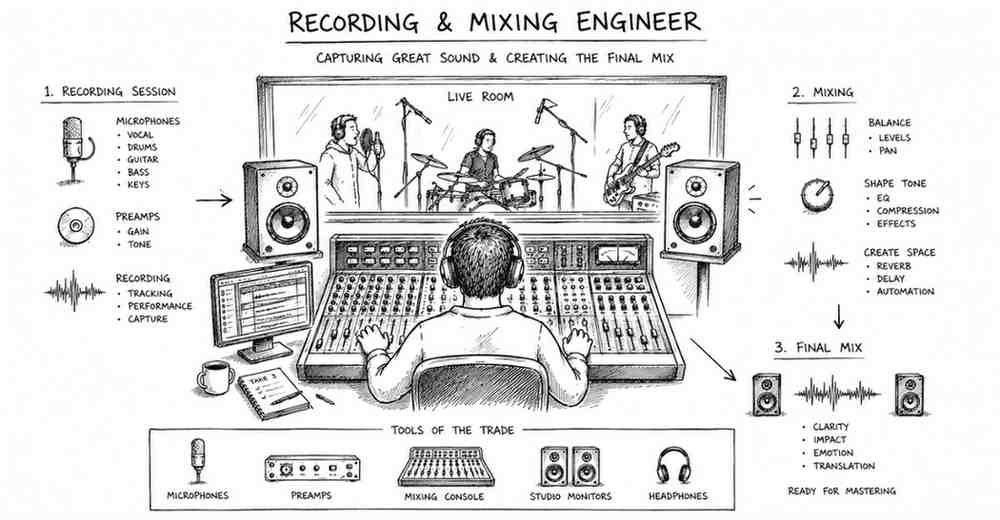 "Recording and mixing engineer managing studio sessions and audio production equipment"