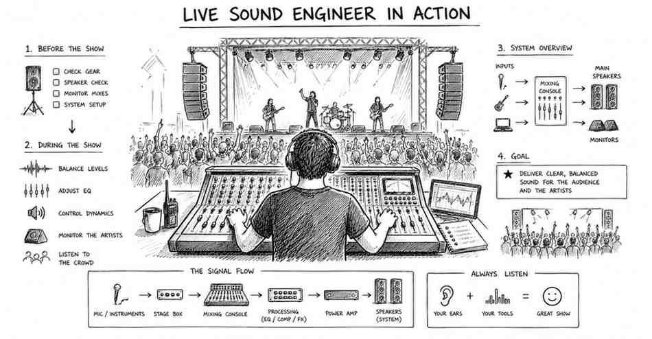 "Live sound engineer managing concert audio systems and stage sound setup"