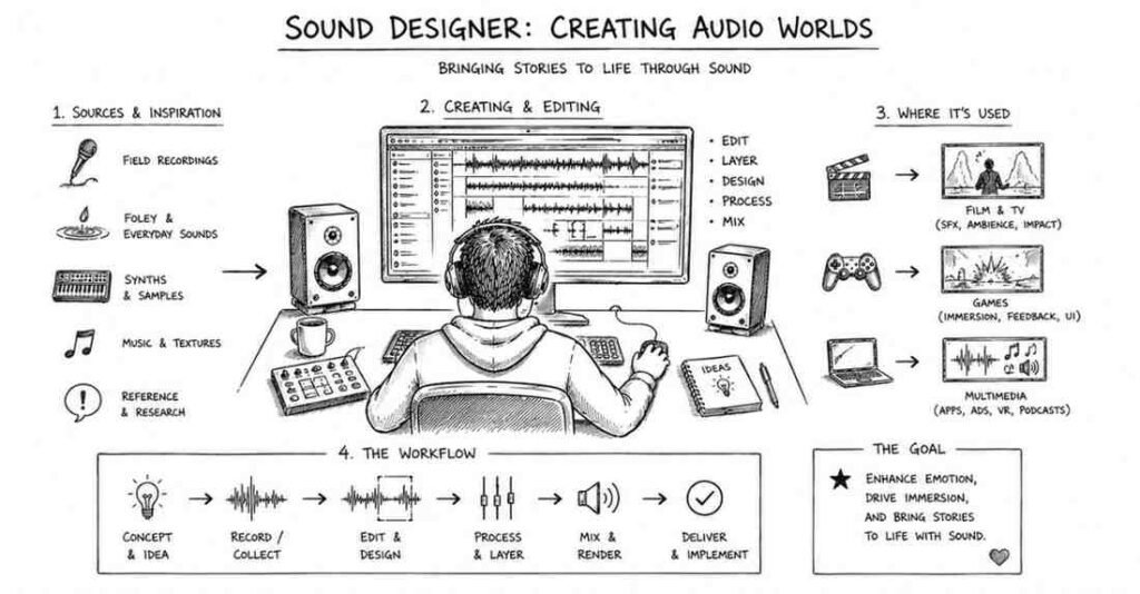 "Sound designer creating audio effects for films games and multimedia production"