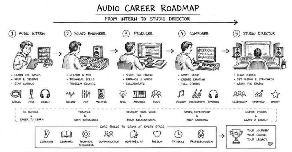 "Music and audio production career roadmap from beginner to professional sound engineer roles"