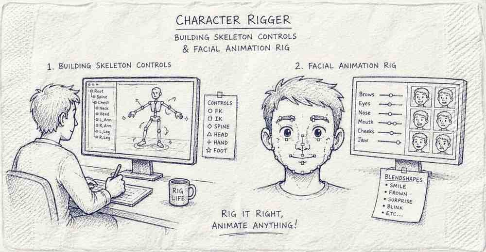 "Character rigger creating animation control systems and skeleton rigs for 3D models"