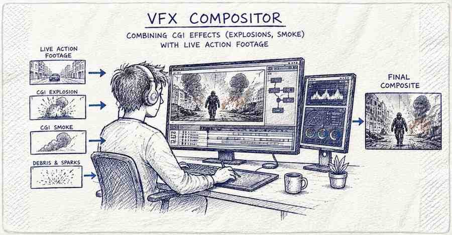"VFX compositor integrating CGI effects and live action footage for films and games"