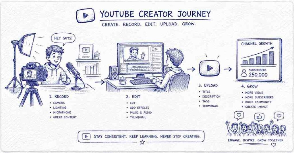 "YouTube content creator recording videos with studio setup and editing workflow"