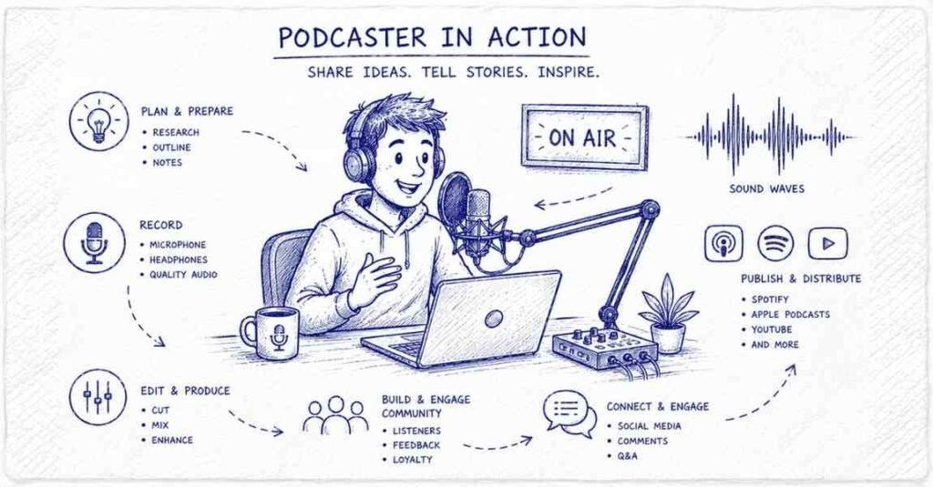 "Podcaster recording audio content with professional microphone and studio setup"